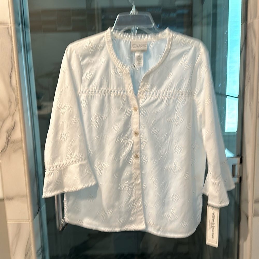 NWT Alfred Dunner neck eyelet 100 cotton 3/4 sleeve top butterflies PS